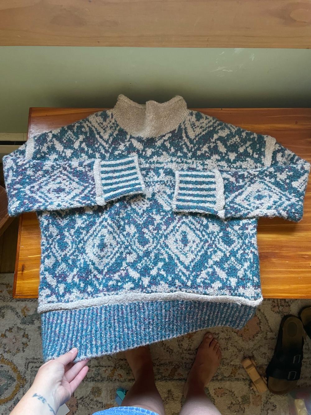 Cozy Teal & Cream Cowl-Neck Sweater